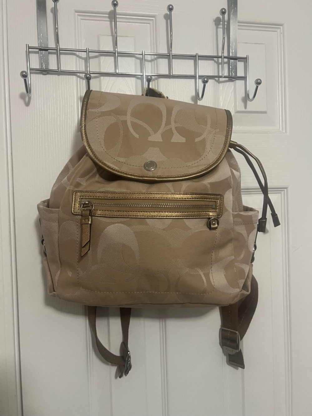 Coach Kyra Signature Drawstring Gold Logo Canvas Backpack